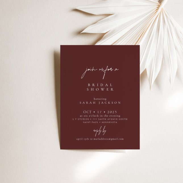 Boho Burgundy  Elegant Minimalist Bridal Shower In Invitation (Boho Burgundy Elegant Minimalist Bridal Shower Invitation)