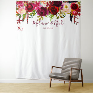 Boho Burgundy feathers Floral photo backdrop Tapestry