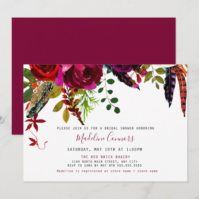 Boho Burgundy Floral and Feathers Bridal Shower Invitation (Front/Back)