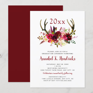 Boho Burgundy Floral Antlers graduation invitation
