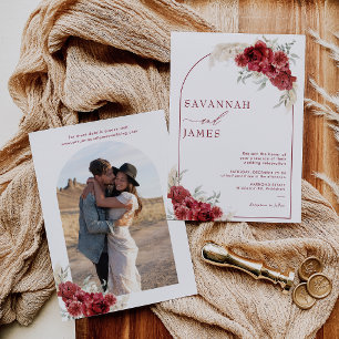 Boho Burgundy Floral Arch Wedding Invitation