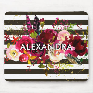 Boho Burgundy Floral Black and White Stripes Mouse Mat