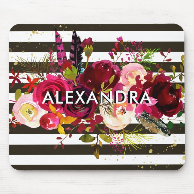 Boho Burgundy Floral | Black and White Stripes Mouse Mat (Front)