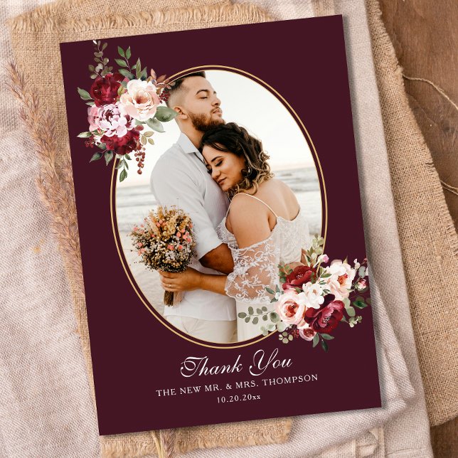 Boho Burgundy Floral Border Photo Wedding  Thank You Card (Creator Uploaded)