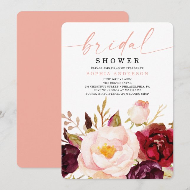 Boho Burgundy Floral Bridal Shower Invitation (Front/Back)