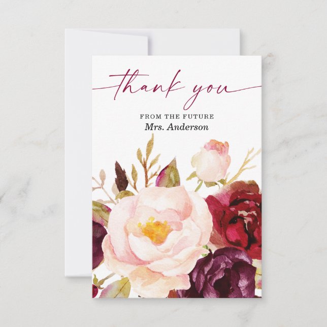 Boho Burgundy Floral Bridal Shower Thank You Card (Front)