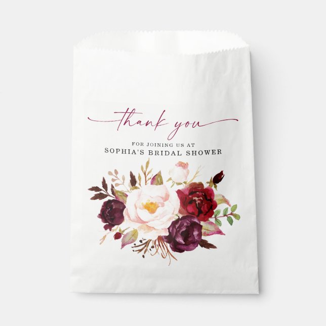 Boho Burgundy Floral Bridal Shower Thank You Treat Favour Bags (Front)