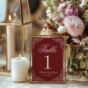 Boho Burgundy Floral Deep Red Wedding Table Number