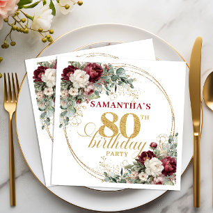 Boho Burgundy Floral Gold 80th Birthday Napkins