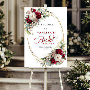 Boho Burgundy Floral Gold Bridal Shower Welcone Poster