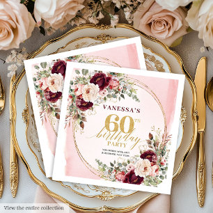 Boho Burgundy Floral Gold Frame 60 Birthday Napkin