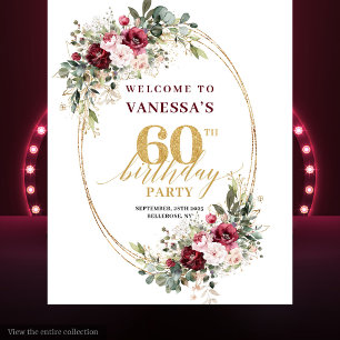 Boho Burgundy Floral Gold Frame 60th Birthday  Tapestry