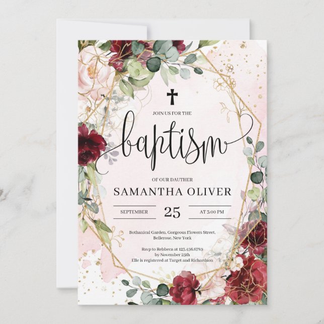 Boho burgundy floral gold geometric baptism invitation (Front)