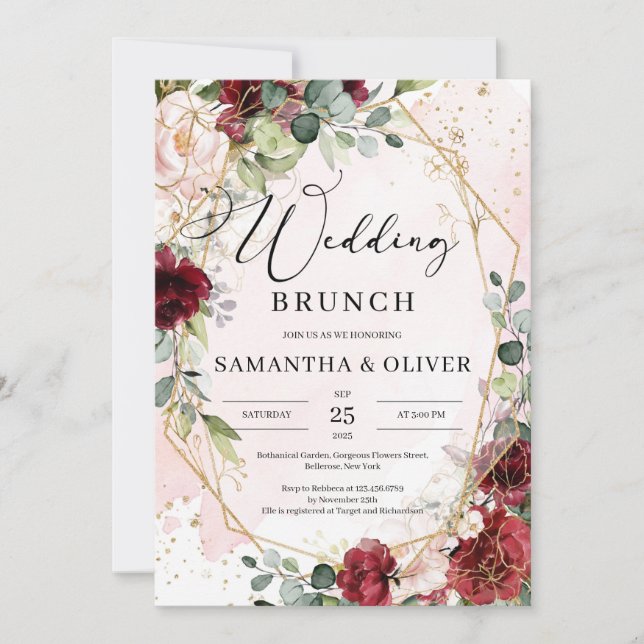 Boho burgundy floral gold geometric wedding brunch invitation (Front)