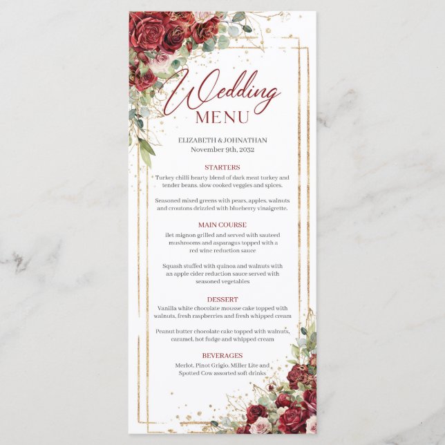 Boho burgundy floral gold geometric wedding menu (Front)