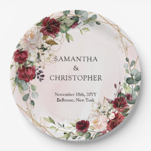 Boho burgundy floral gold geometric wedding paper plate