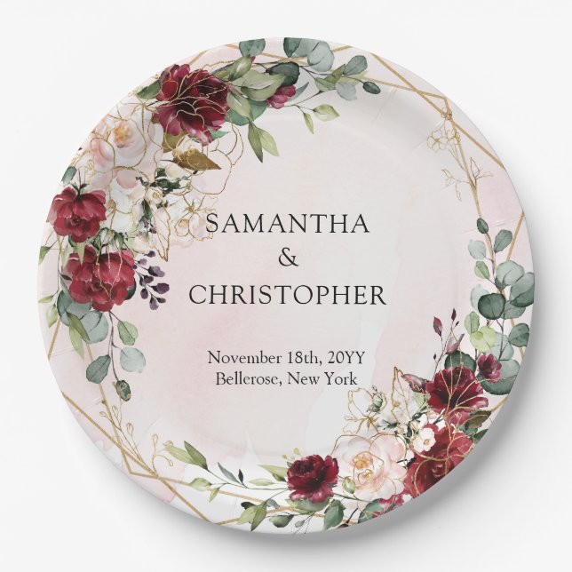 Boho burgundy floral gold geometric wedding paper plate (Front)