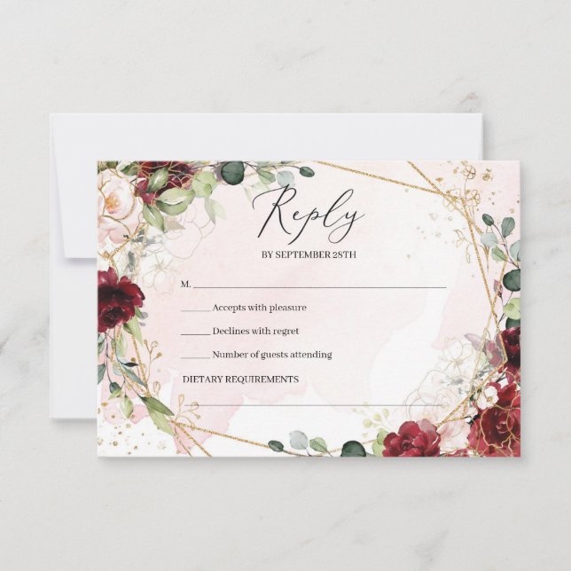 Boho burgundy floral gold geometric wedding  RSVP card (Front)