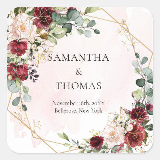 Boho burgundy floral gold geometric wedding square sticker