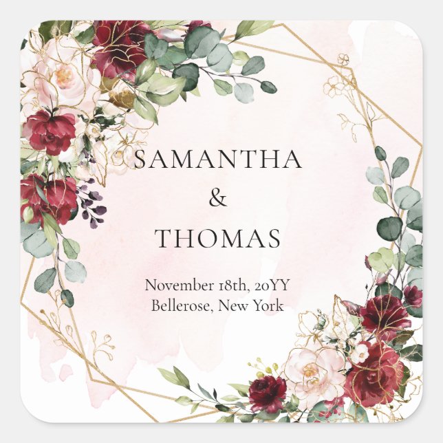 Boho burgundy floral gold geometric wedding square sticker (Front)