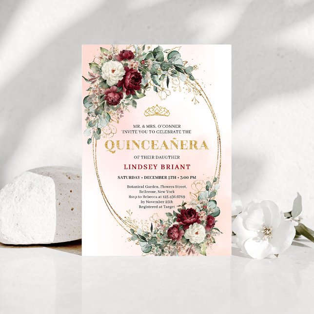 Boho Burgundy Floral Gold Quinceañera Invitation (Boho Burgundy Floral Gold Quinceañera Invitation)