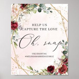 Boho burgundy floral gold wedding oh snap sign