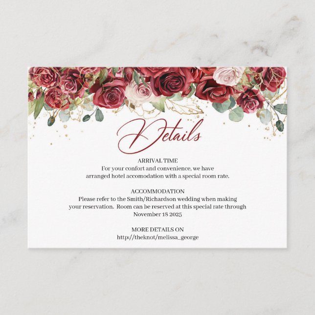 Boho burgundy floral green eucalyptus details card (Front)