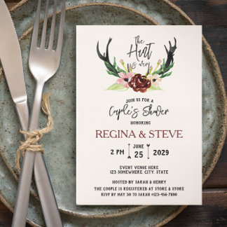 Boho Burgundy Floral Hunt is Over Couple's Shower Invitation