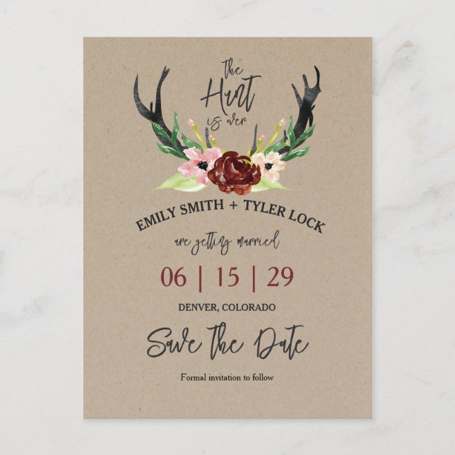 Boho Burgundy Floral Hunt is Over Save The Date Announcement Postcard (Front)