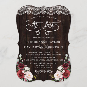 Boho Burgundy Floral Lace Handwriting Wedding Invitation