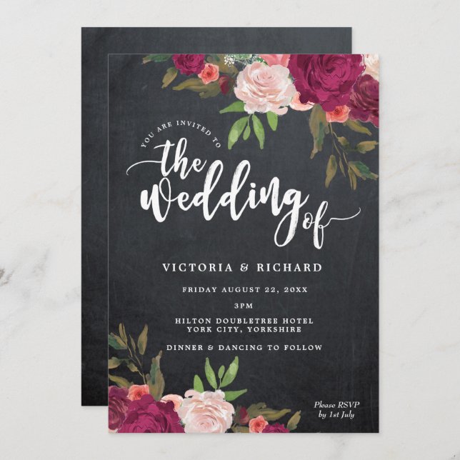 boho burgundy floral modern wedding invitation (Front/Back)