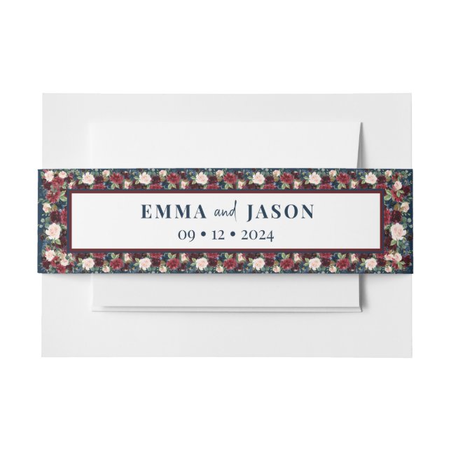 Boho Burgundy Floral Navy Invitation Belly Band (Front Example)