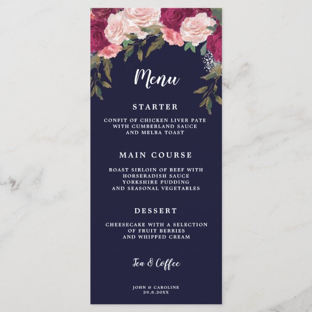 boho burgundy floral navy wedding menu cards (Front)