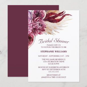 Boho Burgundy Floral Pampas Grass Bridal Shower Invitation