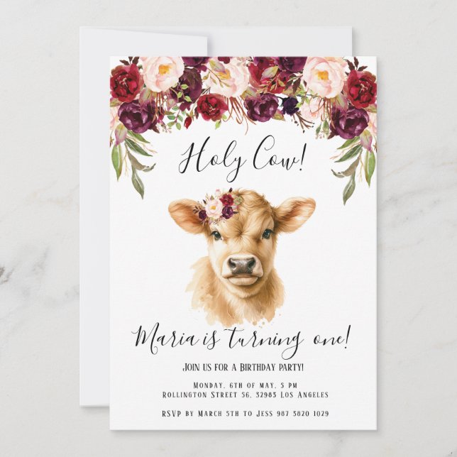 Boho Burgundy Floral Peony Highland Cow Birthday  Invitation (Front)