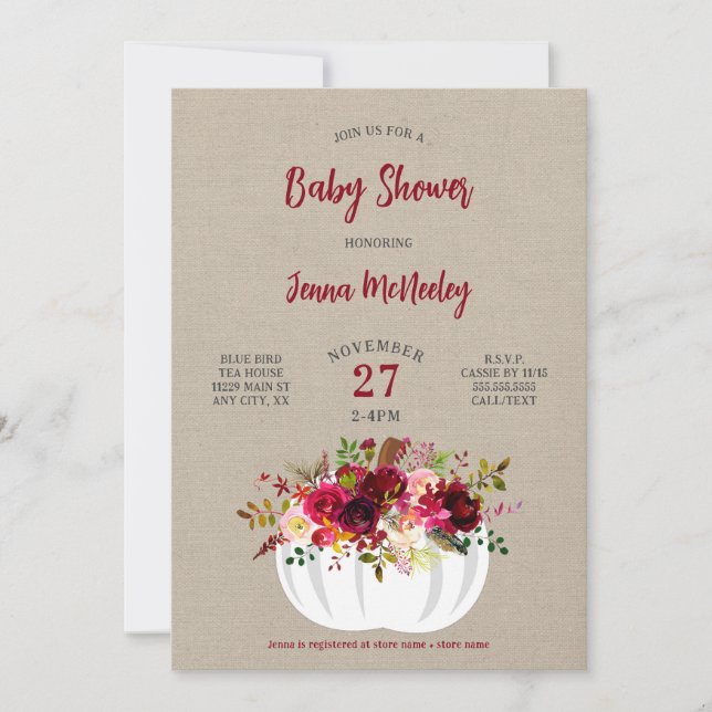 Boho Burgundy Floral Pumpkin Baby Shower Invitation (Front)