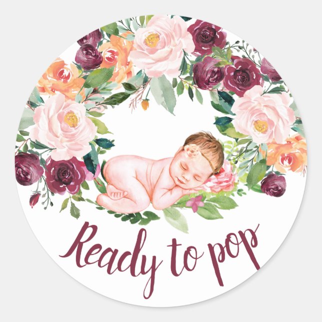 Boho Burgundy Floral Ready to Pop Classic Round Sticker (Front)