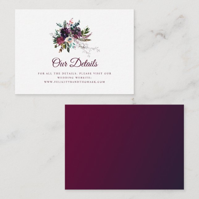 Boho Burgundy Floral Wedding Details Enclosure Card (Front/Back)