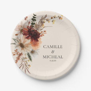 Boho Burgundy Floral Wedding Paper Plate
