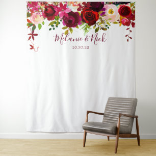 Boho Burgundy Floral wedding photo backdrop Tapestry
