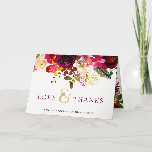 Boho Burgundy | Floral Wedding Thank You Card (Front)