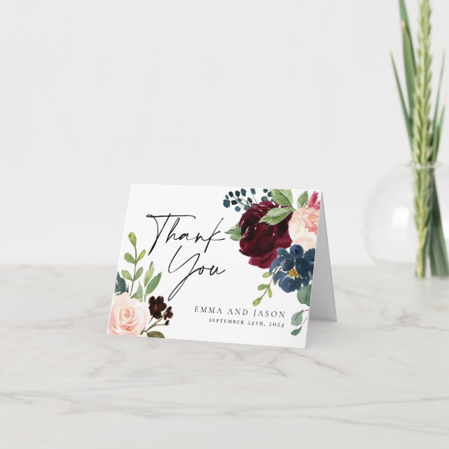 Boho Burgundy Floral Wedding Thank You Card (Front)