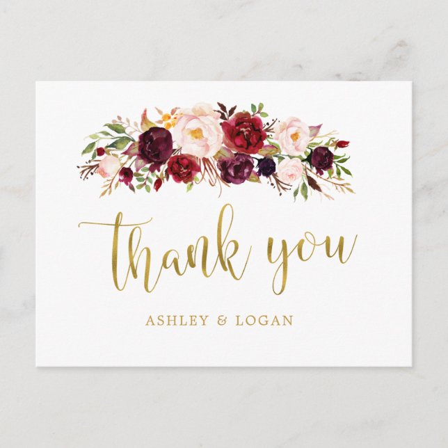 Boho Burgundy Floral Wedding Thank You Postcard (Front)