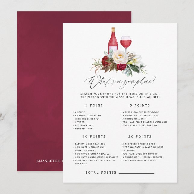 Boho Burgundy Floral Wine Tasting Bridal Shower Invitation (Front/Back)