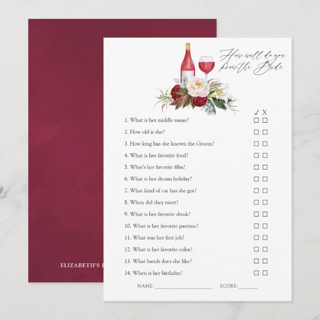 Boho Burgundy Floral Wine Tasting Bridal Shower Invitation (Front/Back)