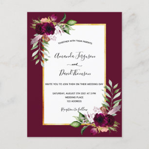 Boho burgundy florals gold wedding invitation postcard