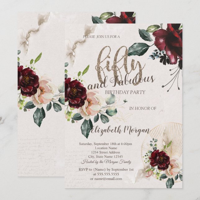 Boho Burgundy Flowers 50th Birthday Party  Invitation (Front/Back)