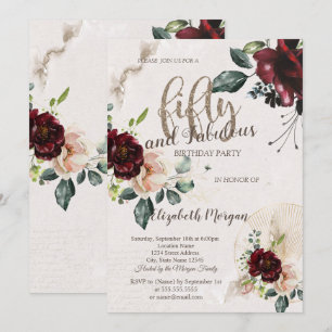 Boho Burgundy Flowers 50th Birthday Party  Invitation