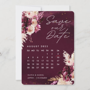 Boho Burgundy Flowers Calendar Save The Date Invitation