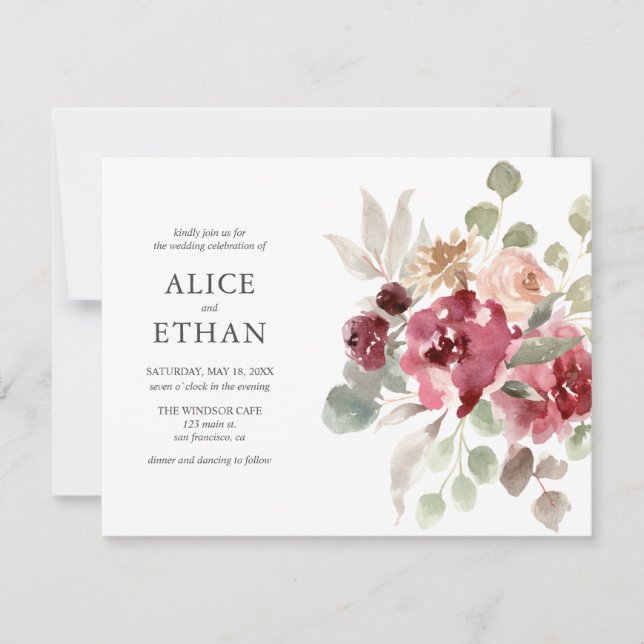 Boho Burgundy Flowers Eucalyptus Wedding Invitation (Front)